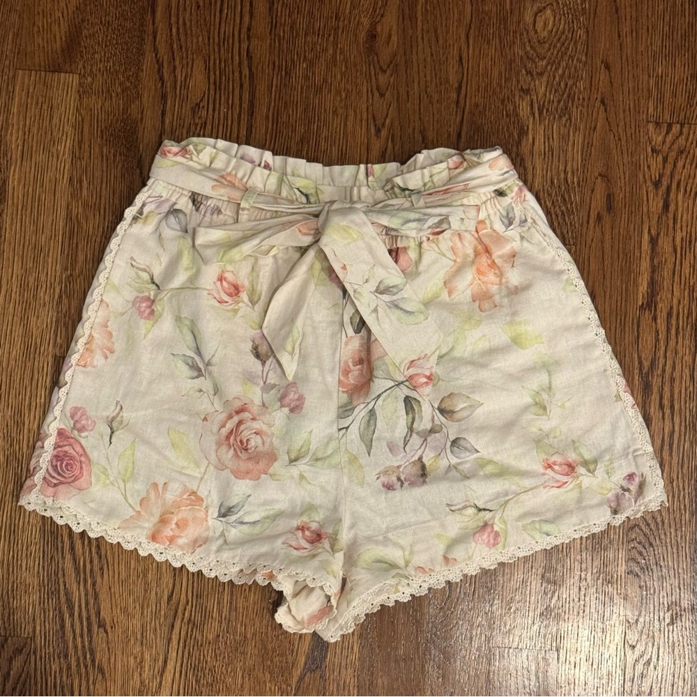 Caroline Constas Floral High Waist Shorts - Cream and Pink